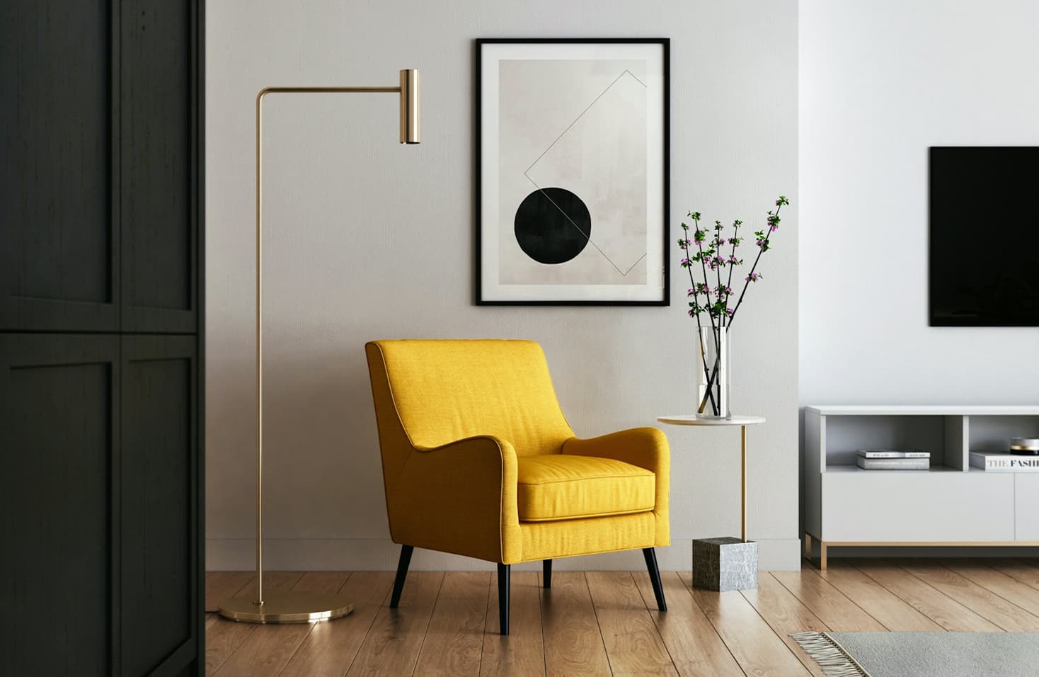 a sitting room setup with a chair and a tv